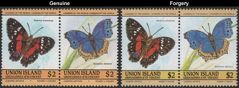 Saint Vincent Union Island 1985 Butterflies Forgeries with Genuine $2 Stamp Comparison Saint Vincent Union Island 1985 Butterflies Forgeries with Genuine $2 Stamp Comparison